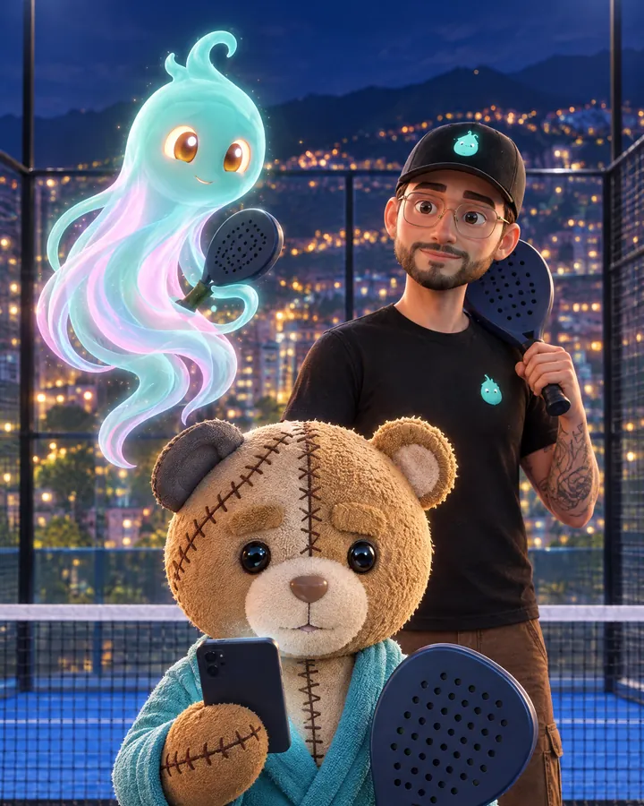 El Oso de peluche mira el celular con una pala en la mano; detrás, Aurora y un jugador con gorra, en una cancha de pádel de noche con Medellín iluminada.